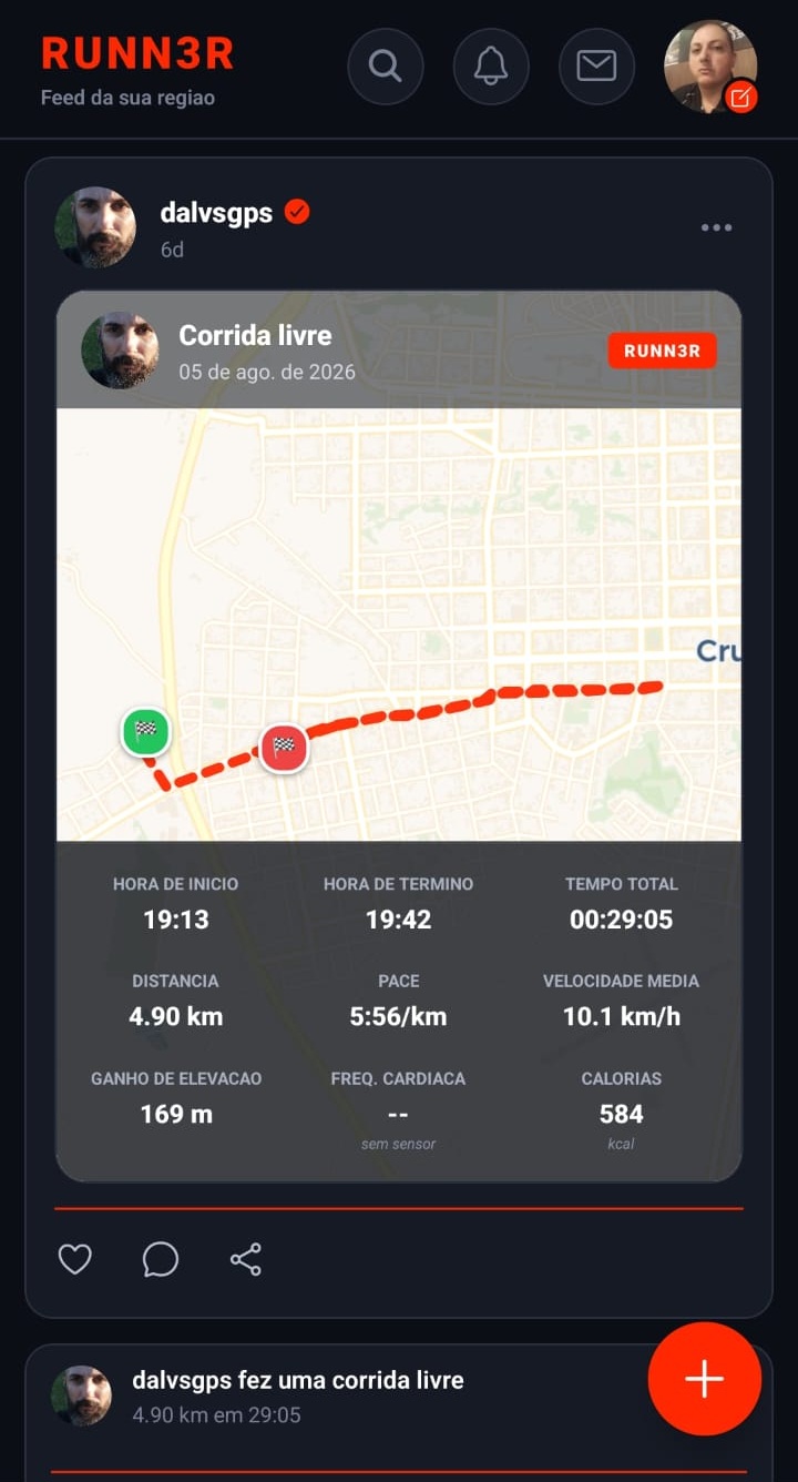 Feed social do Runn3r mostrando uma corrida livre compartilhada